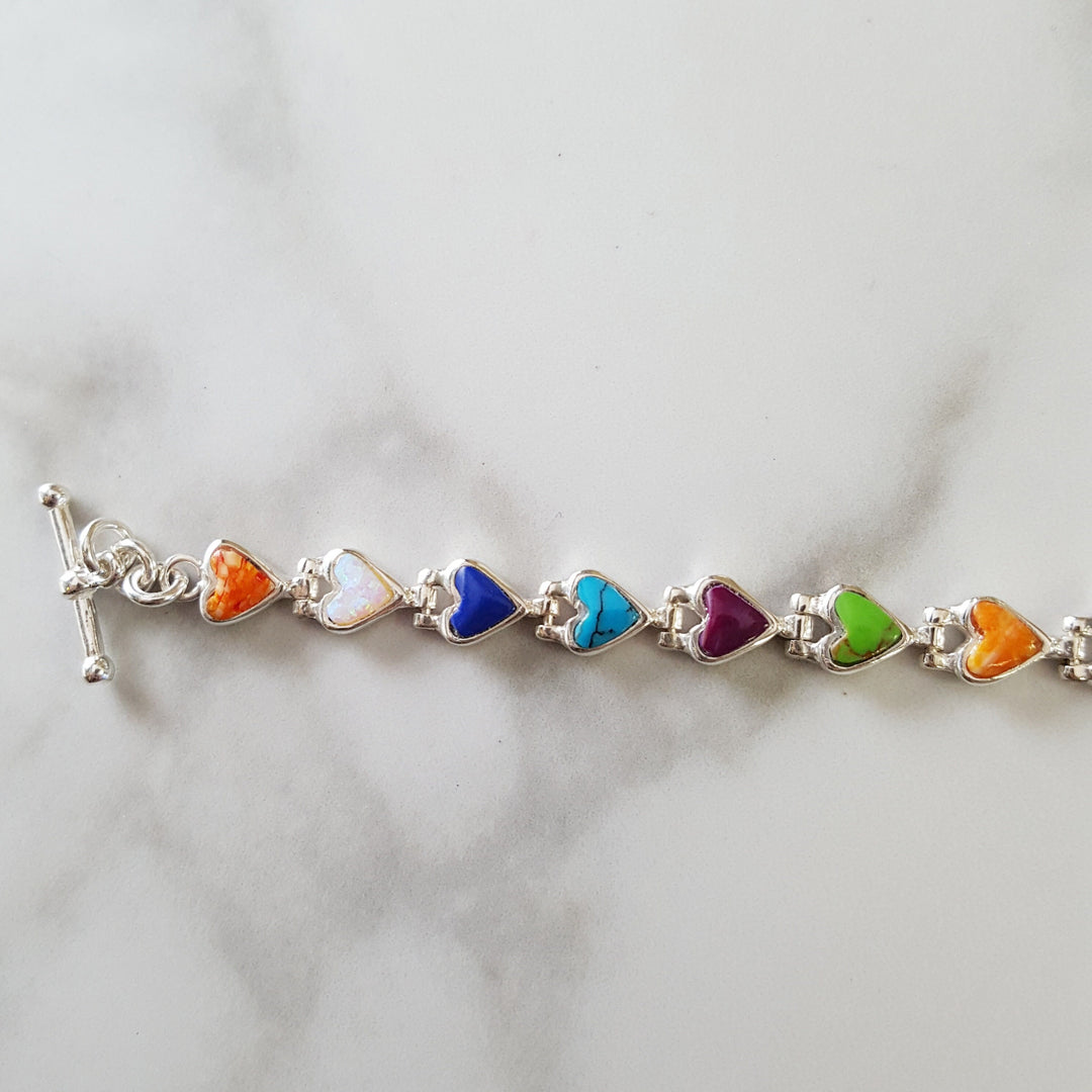 Sterling Silver American Turquoise and Created Opal Inlaid Multicolored Heart Link Bracelet