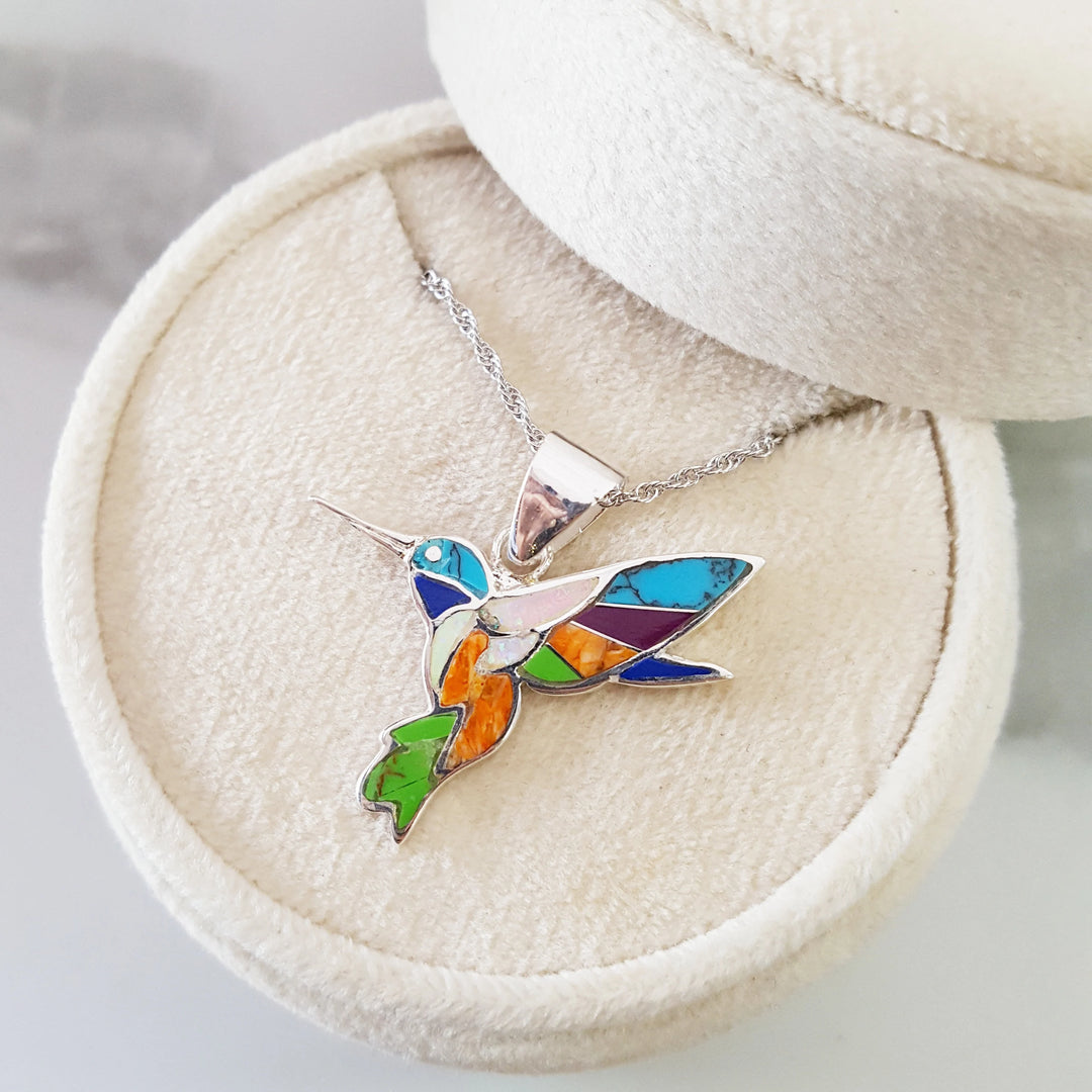 Sterling Silver Turquoise and Multi Colored Stone Hummingbird Pendant