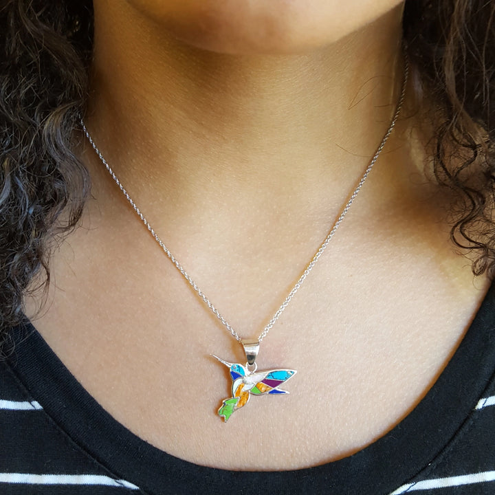 Sterling Silver Turquoise and Multi Colored Stone Hummingbird Pendant