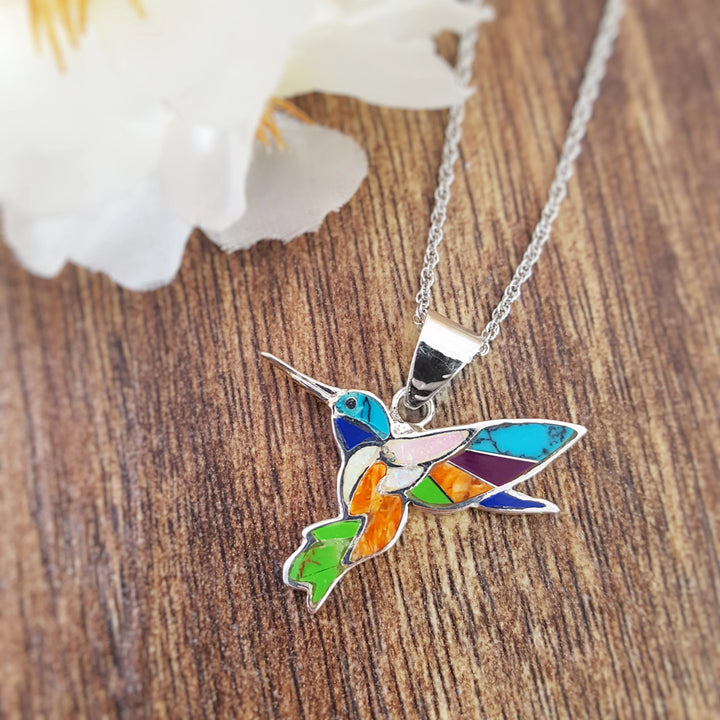 Sterling Silver Turquoise and Multi Colored Stone Hummingbird Pendant