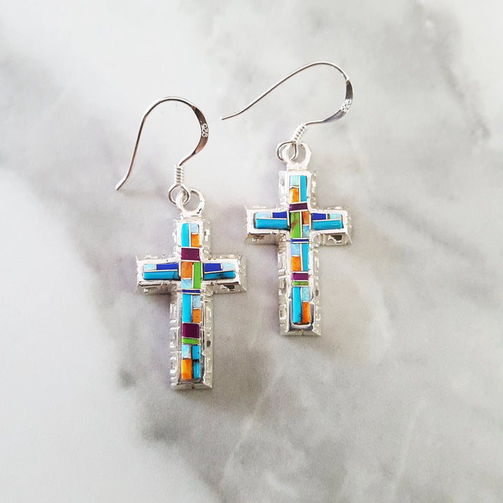 Multi Gem Cross Earrings