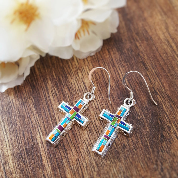 Multi Gem Cross Earrings