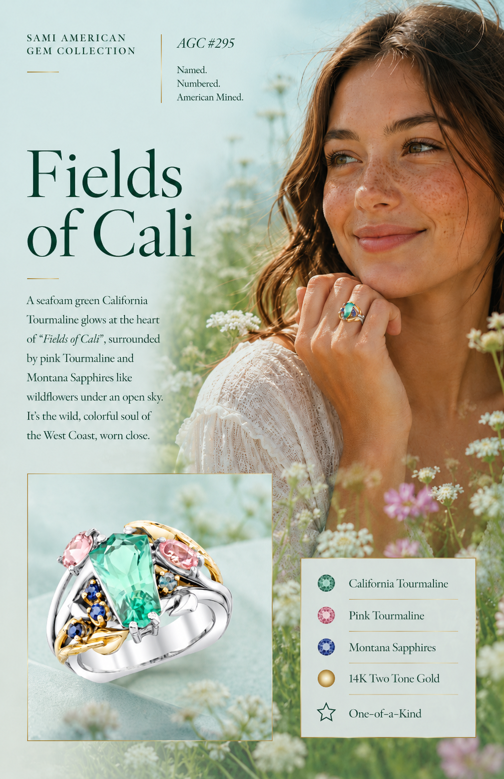 American Gem Collection #295 "Fields of Cali" California Tourmaline and Montana Sapphire Ring