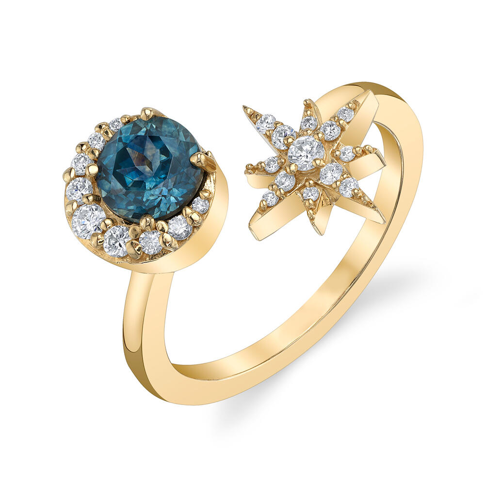 14K Yellow Gold Montana Sapphire and Diamond Moon and Star Ring
