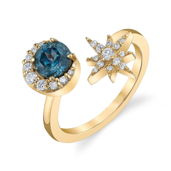 14K Yellow Gold Montana Sapphire and Diamond Moon and Star Ring