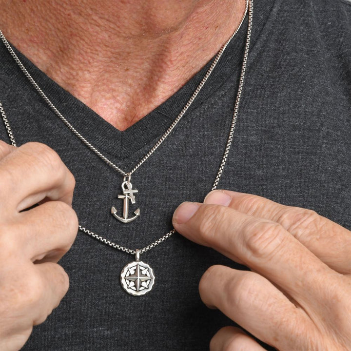 INOX Jewelry 925 Silver Oxidized Anchor & Cross Duo Pendant with Chain