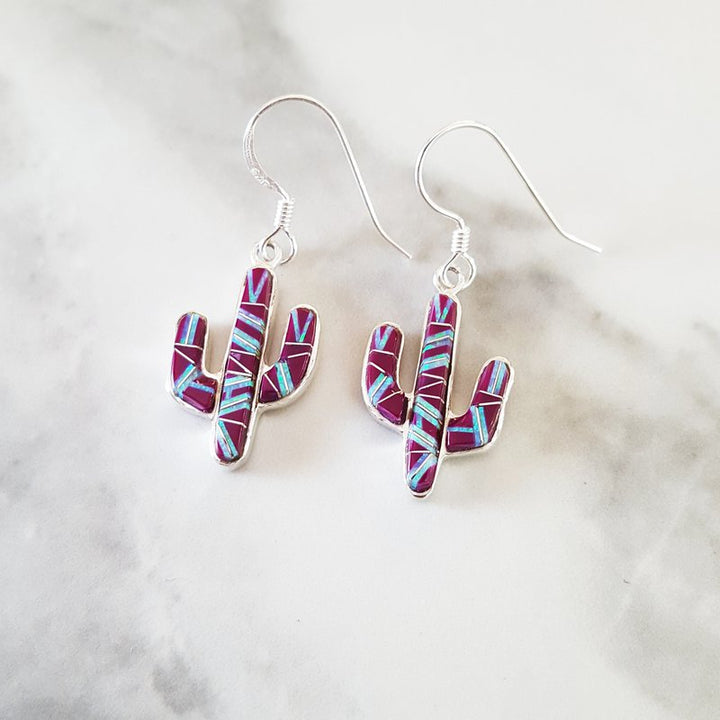 Arizona Turquoise and Inlaid Jewelry Sugelite Saguaro Cactus Dangles 2411452