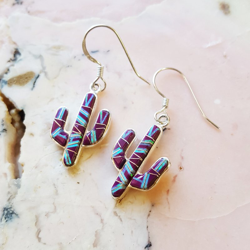 Arizona Turquoise and Inlaid Jewelry Sugelite Saguaro Cactus Dangles