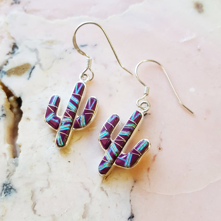 Arizona Turquoise and Inlaid Jewelry Sugelite Saguaro Cactus Dangles