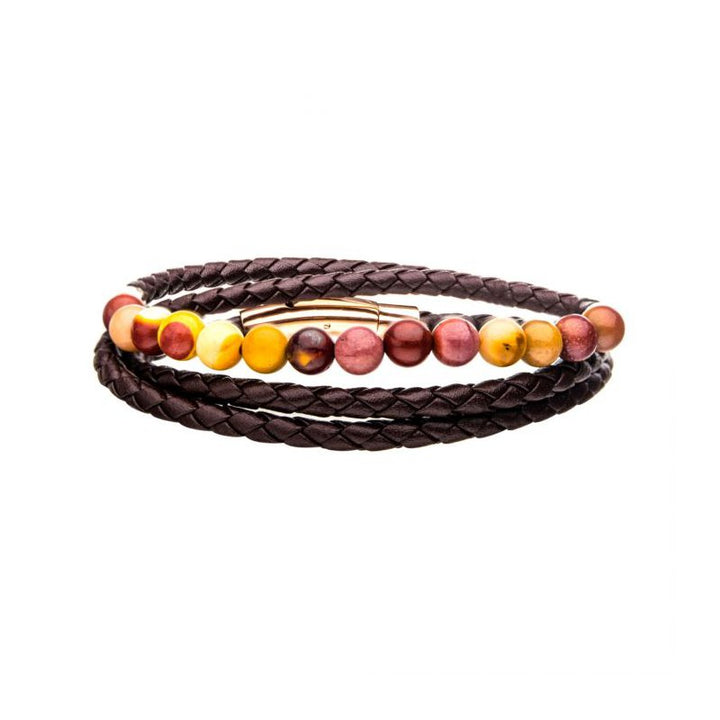 INOX Jewelry Double Wrap Brown Leather with Mookaite Beads Bracelet