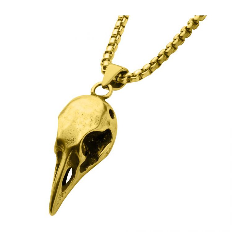 INOX Jewelry Distressed Matte 18Kt Gold IP Crow Skull Pendant with Chain