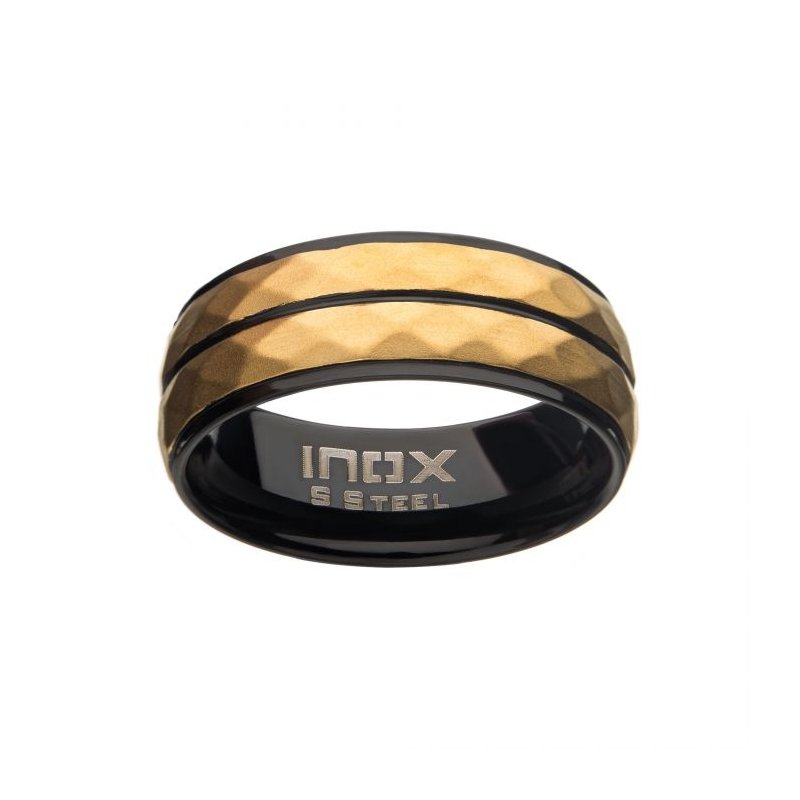 INOX Jewelry Stainless Steel with Matte Black & Gold IP Double Hammered Ring