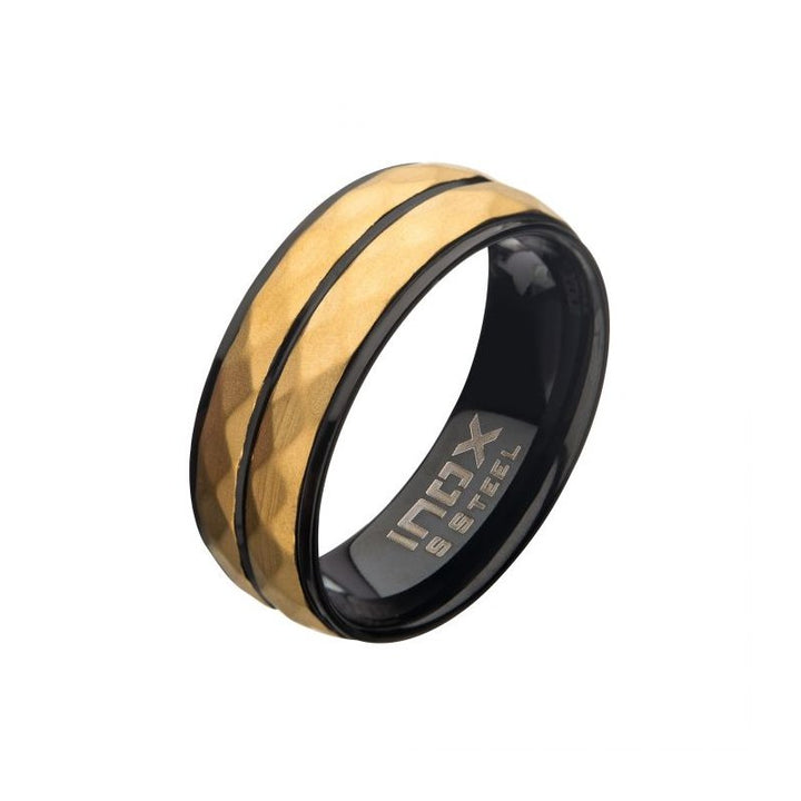 INOX Jewelry Stainless Steel with Matte Black & Gold IP Double Hammered Ring