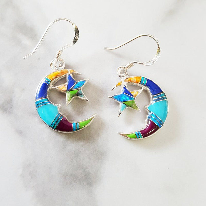 Arizona Turquoise and Inlaid Jewelry Multicolored Moon and Star Dangle Earrings 2411142