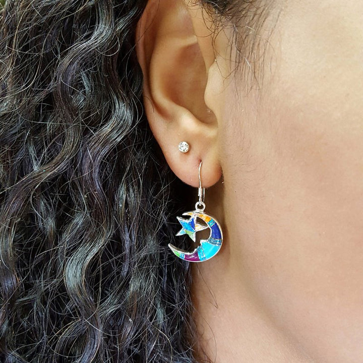 Arizona Turquoise and Inlaid Jewelry Multicolored Moon and Star Dangle Earrings