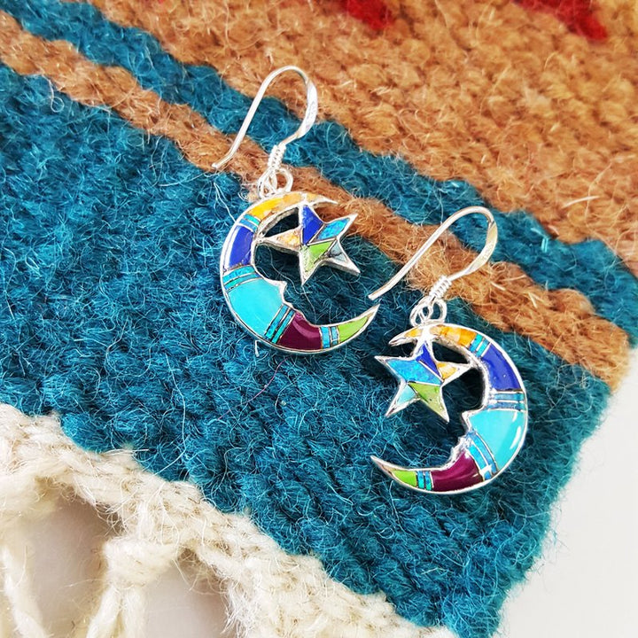Arizona Turquoise and Inlaid Jewelry Multicolored Moon and Star Dangle Earrings