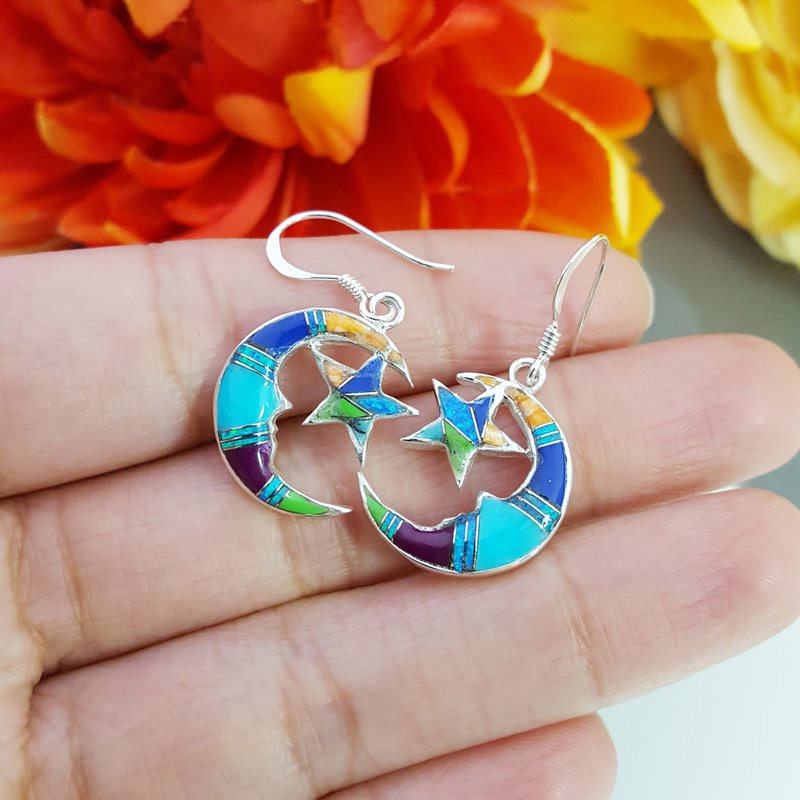 Arizona Turquoise and Inlaid Jewelry Multicolored Moon and Star Dangle Earrings
