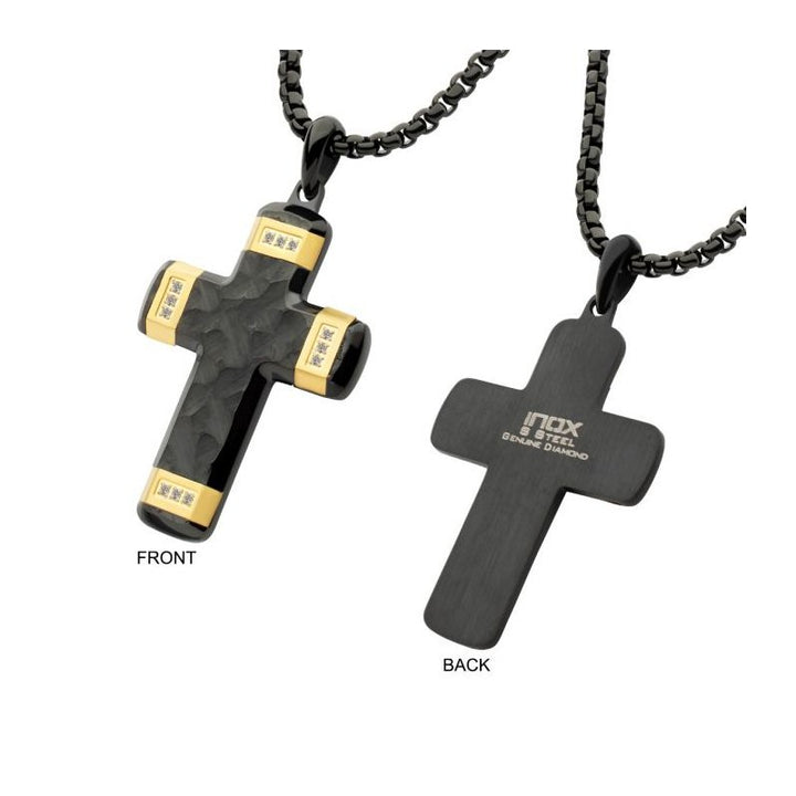 INOX Jewelry Matte Finish Black IP Carved Steel Small Cross Pendant with 18K Gold IP accents & Lab-Grown Diamonds, with Black Box Chain