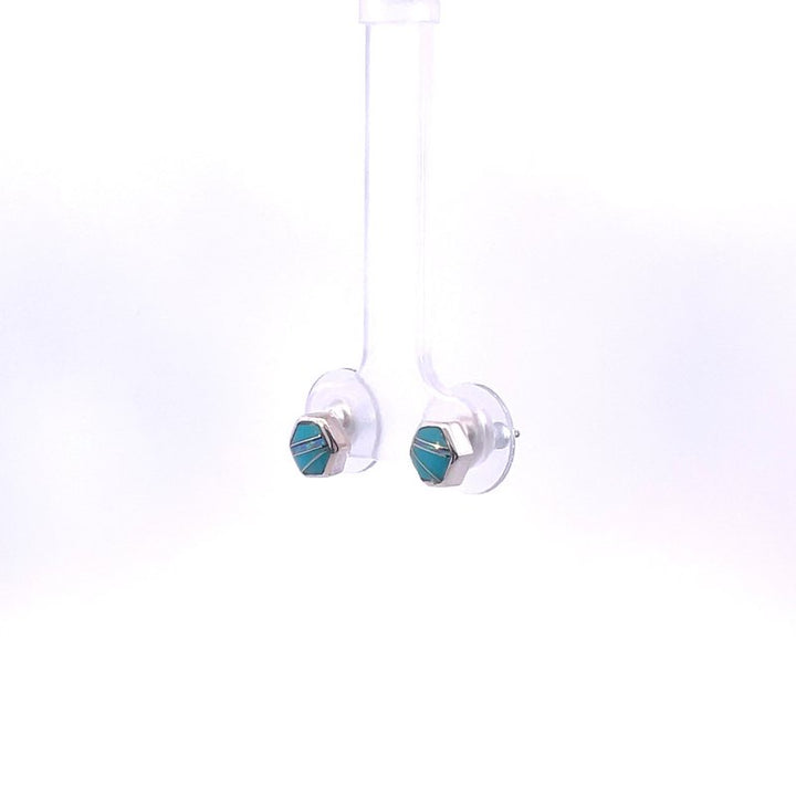 Arizona Turquoise and Inlaid Jewelry Silver AZ Turquoise and Opal Inlay Hexagon Studs