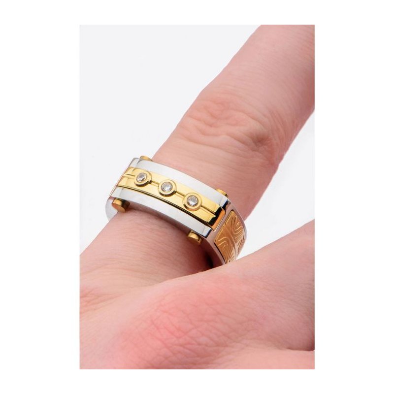 INOX Jewelry 0.02 Carat Clear Genuine Diamond Gold IP Steel Intricate Carved Pattern Ring