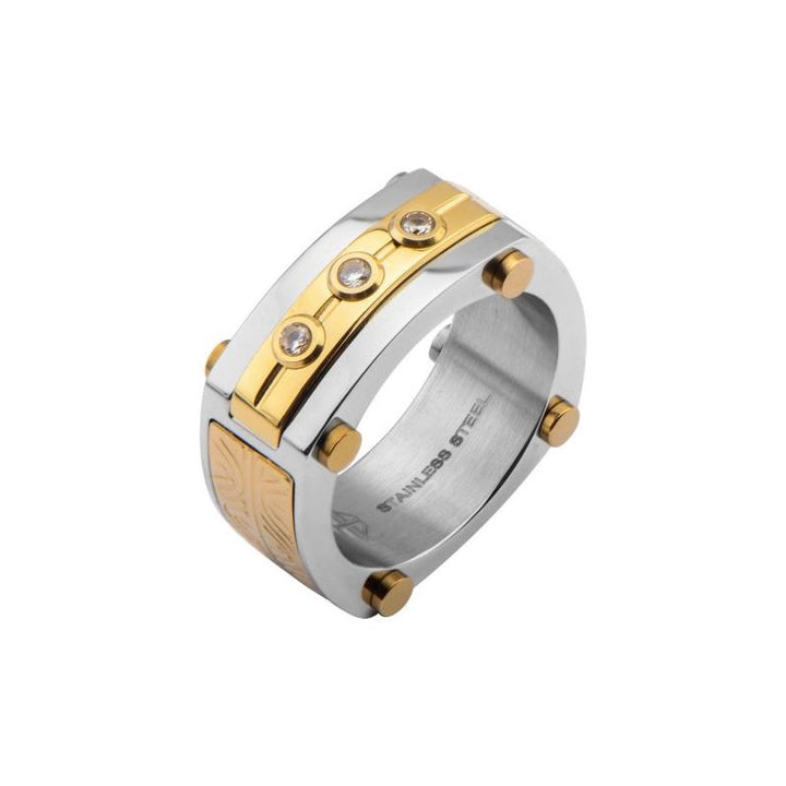 INOX Jewelry 0.02 Carat Clear Genuine Diamond Gold IP Steel Intricate Carved Pattern Ring