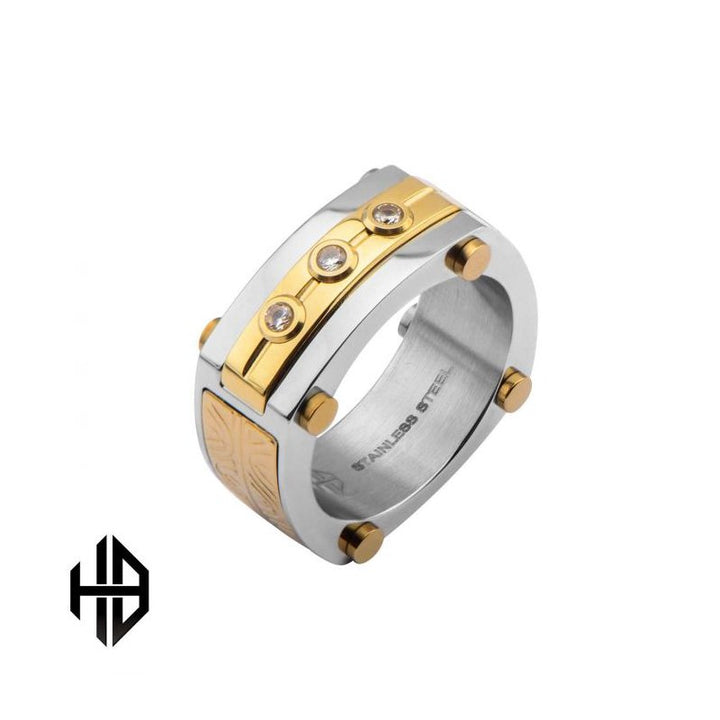 INOX Jewelry 0.02 Carat Clear Genuine Diamond Gold IP Steel Intricate Carved Pattern Ring