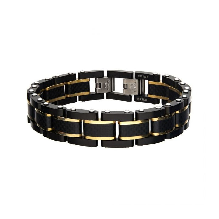 INOX Jewelry Black Carbon Fiber with Gold IP Link Bracelet BRCF163GP