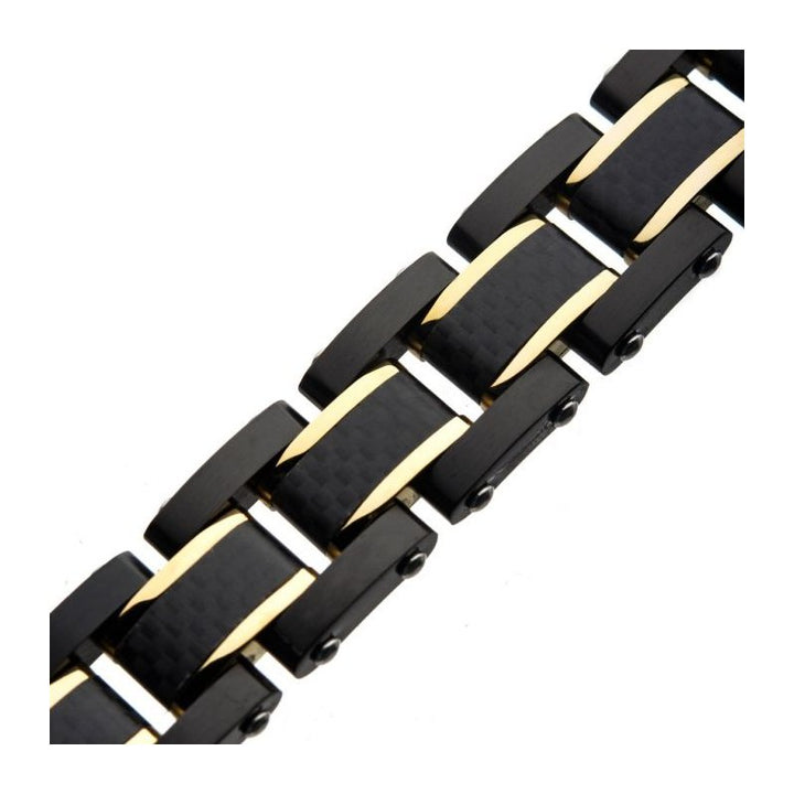 INOX Jewelry Black Carbon Fiber with Gold IP Link Bracelet