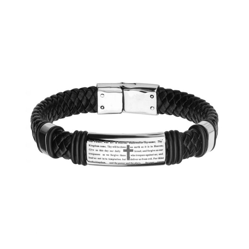 INOX Jewelry Black Braided Leather with Lord's Prayer ID Steel Bracelet BRLT6972