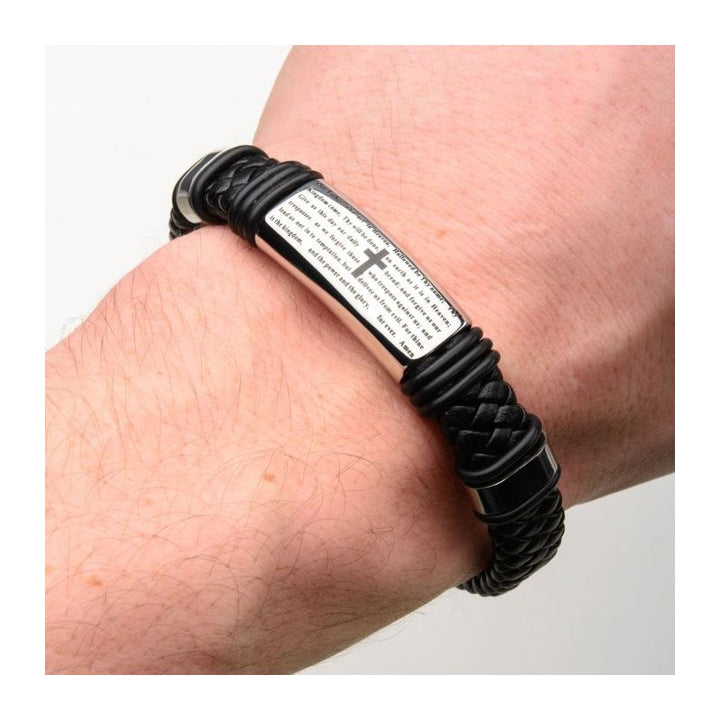 INOX Jewelry Black Braided Leather with Lord's Prayer ID Steel Bracelet