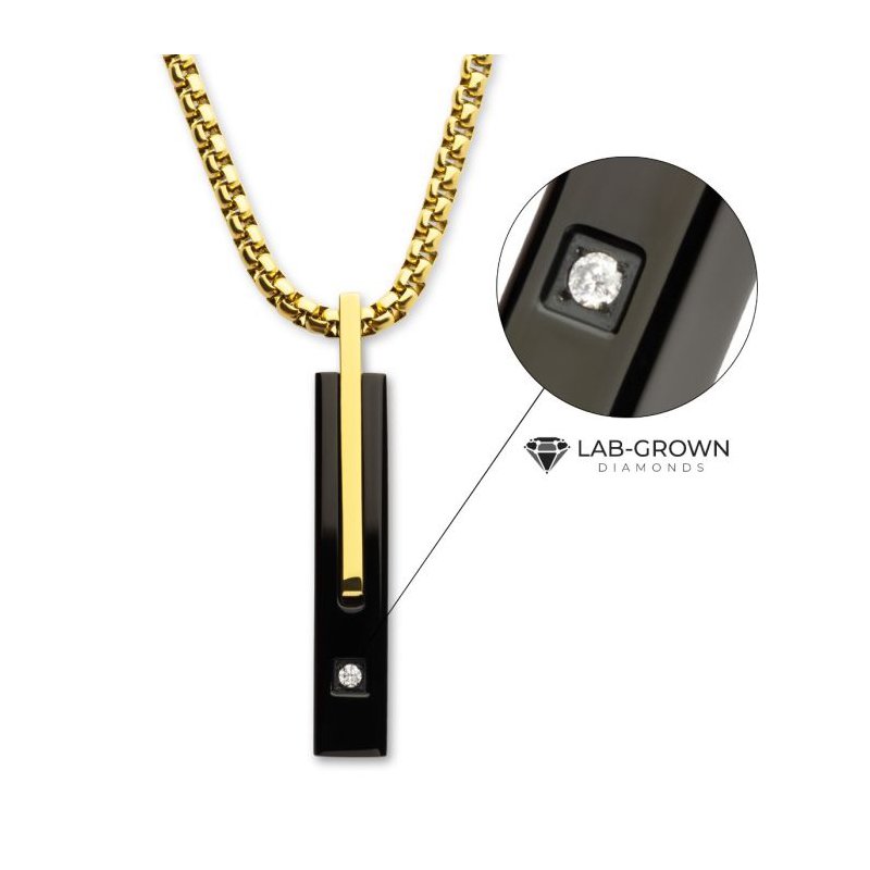 INOX Jewelry 18Kt Gold IP Stainless Steel Two Tone Black IP Lab-Grown Diamond Drop Pendant with Box Chain