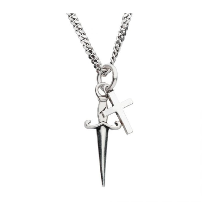 INOX Jewelry 925 Silver Oxidized Dagger & Cross Duo Pendant with Curb Chain SLVSSPNK4