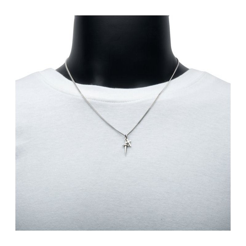 INOX Jewelry 925 Silver Oxidized Dagger & Cross Duo Pendant with Curb Chain