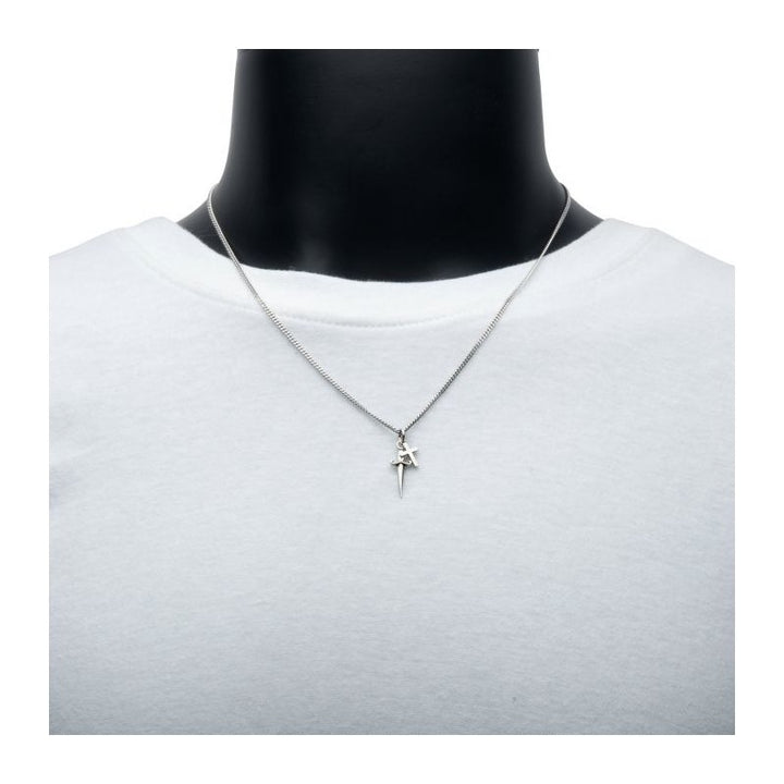 INOX Jewelry 925 Silver Oxidized Dagger & Cross Duo Pendant with Curb Chain