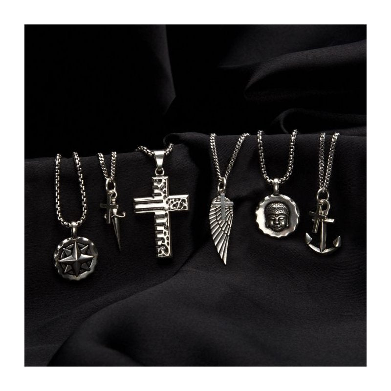 INOX Jewelry 925 Silver Oxidized Dagger & Cross Duo Pendant with Curb Chain