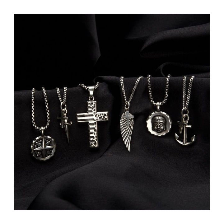 INOX Jewelry 925 Silver Oxidized Dagger & Cross Duo Pendant with Curb Chain