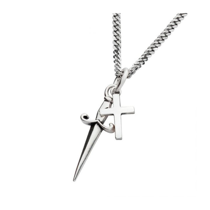 INOX Jewelry 925 Silver Oxidized Dagger & Cross Duo Pendant with Curb Chain