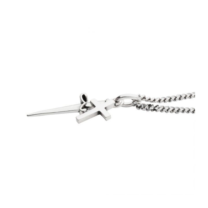 INOX Jewelry 925 Silver Oxidized Dagger & Cross Duo Pendant with Curb Chain