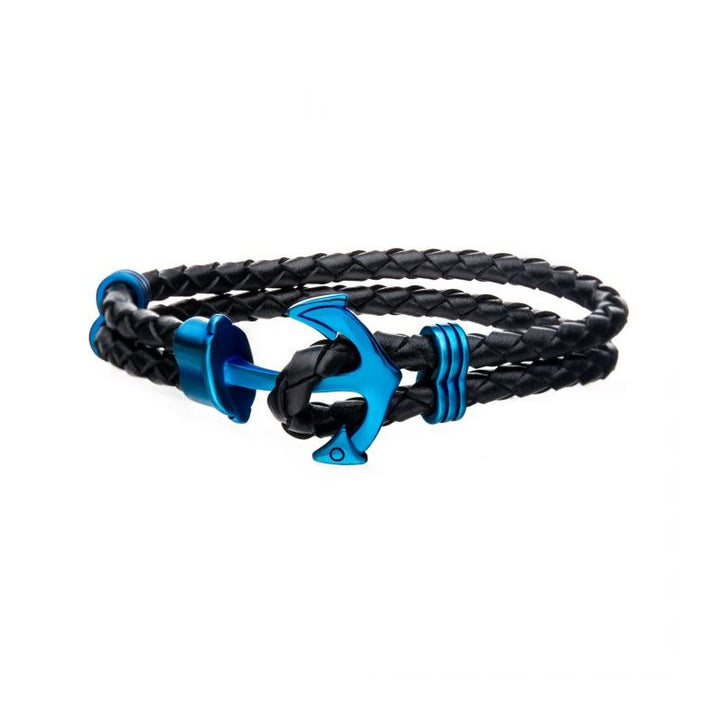 INOX Jewelry Black Leather with Blue IP Anchor Bracelet BR19507B