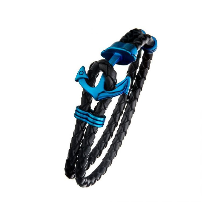 INOX Jewelry Black Leather with Blue IP Anchor Bracelet