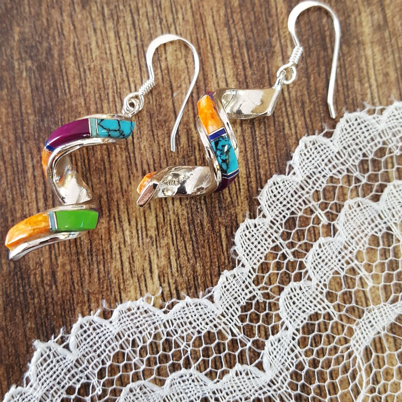 Arizona Turquoise and Inlaid Jewelry Multicolored Spiral Earrings