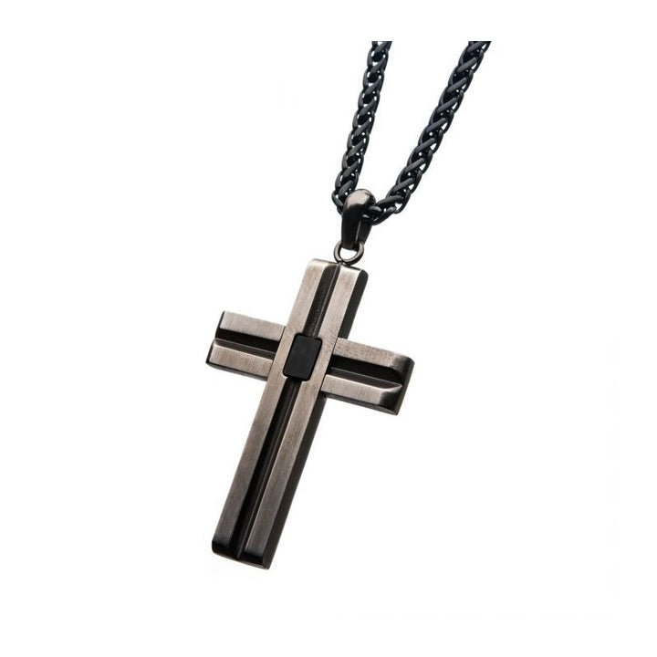INOX Jewelry Stainless Steel and Black IP Antique Cross Pendant SSP19670NK
