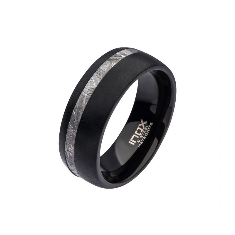 INOX Jewelry 8mm Black IP Comfort Fit Ring with 2mm Meteorite Inlay