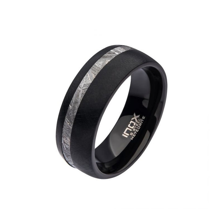 INOX Jewelry 8mm Black IP Comfort Fit Ring with 2mm Meteorite Inlay
