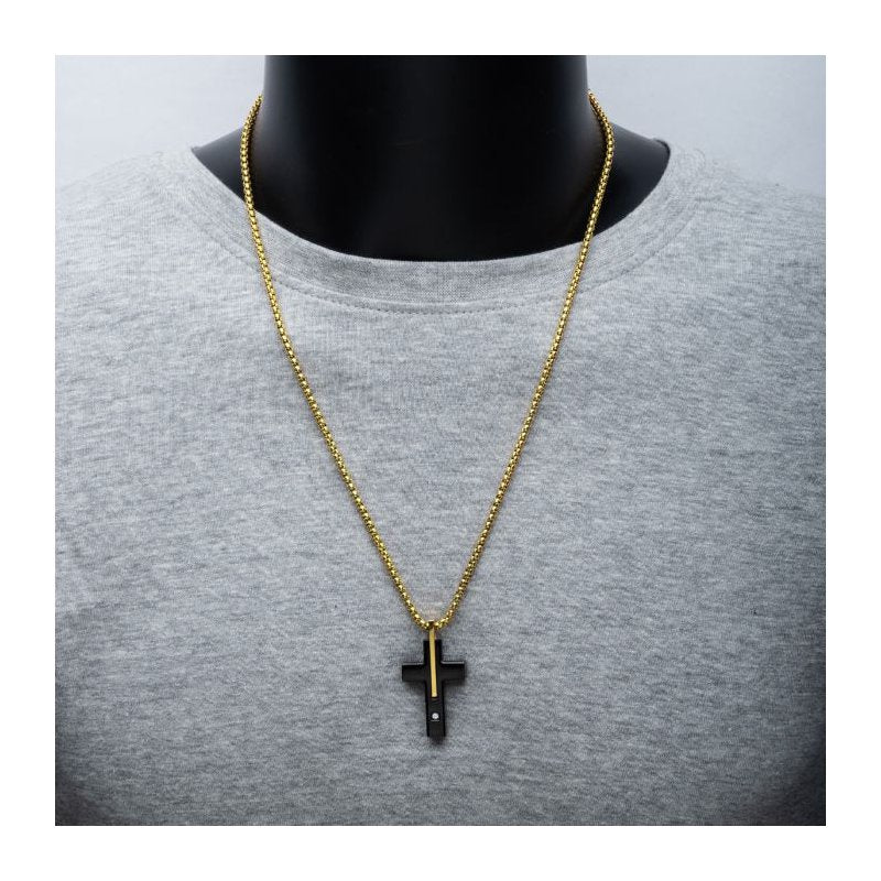INOX Jewelry 18Kt Gold IP Stainless Steel Two Tone Black IP Lab-Grown Diamond Cross Pendant with Box Chain
