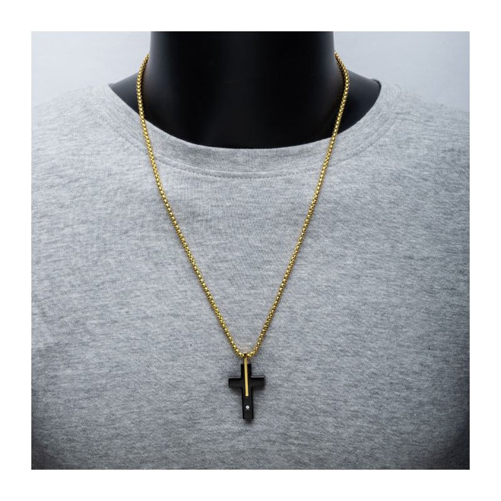 INOX Jewelry 18Kt Gold IP Stainless Steel Two Tone Black IP Lab-Grown Diamond Cross Pendant with Box Chain