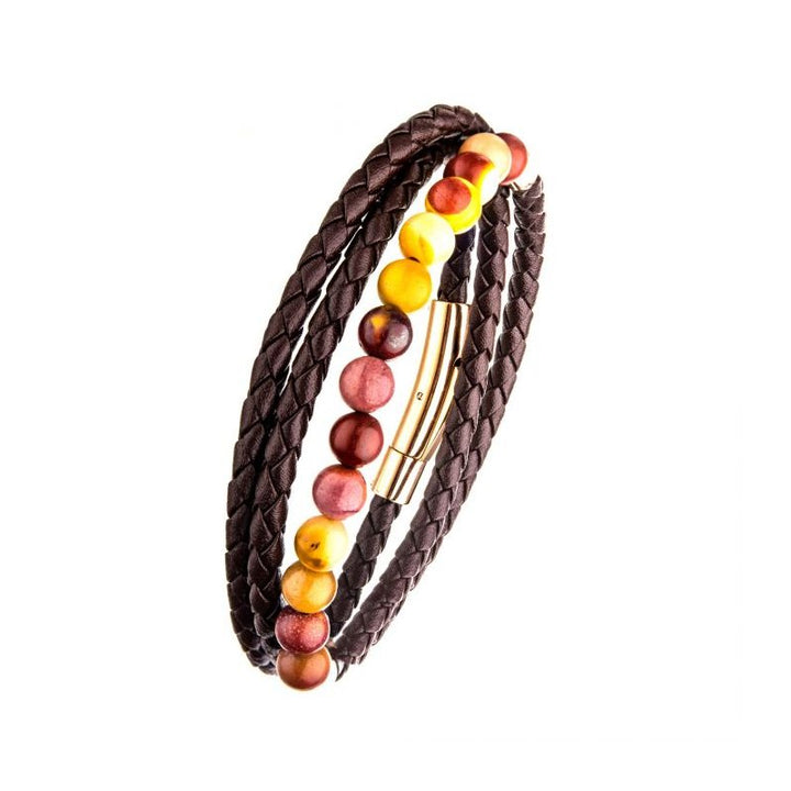 INOX Jewelry Double Wrap Brown Leather with Mookaite Beads Bracelet