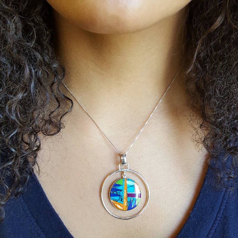 Arizona Turquoise and Inlaid Jewelry Multicolored Double Circle Pendant