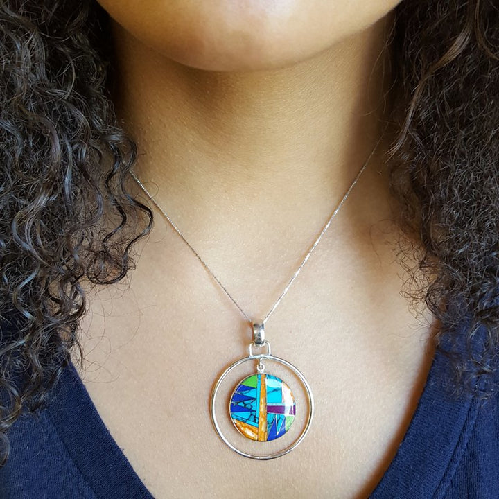 Arizona Turquoise and Inlaid Jewelry Multicolored Double Circle Pendant