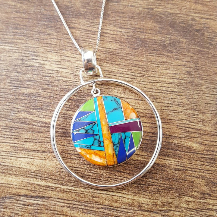 Arizona Turquoise and Inlaid Jewelry Multicolored Double Circle Pendant 2411147